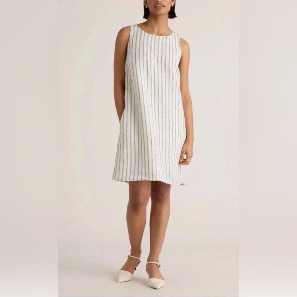 Quince 100% European Linen Tank Striped Mini Dress Oatmeal Black Striped Med.